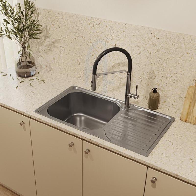 Ausmann Basic Edelstahl-Spüle mit Abtropffläche reversibel 76x42 cm, inklusive Siphon, Oberflächen-Einbau 1208956978