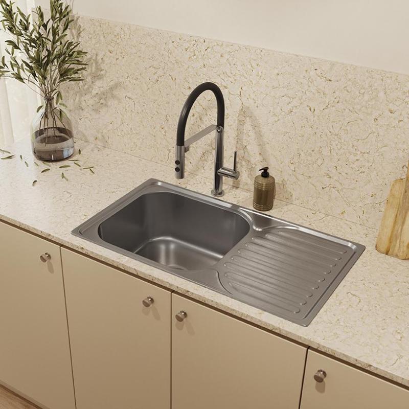 Ausmann Basic Edelstahl-Spüle mit Abtropffläche reversibel 76x42 cm, inklusive Siphon, Oberflächen-Einbau 1208956978