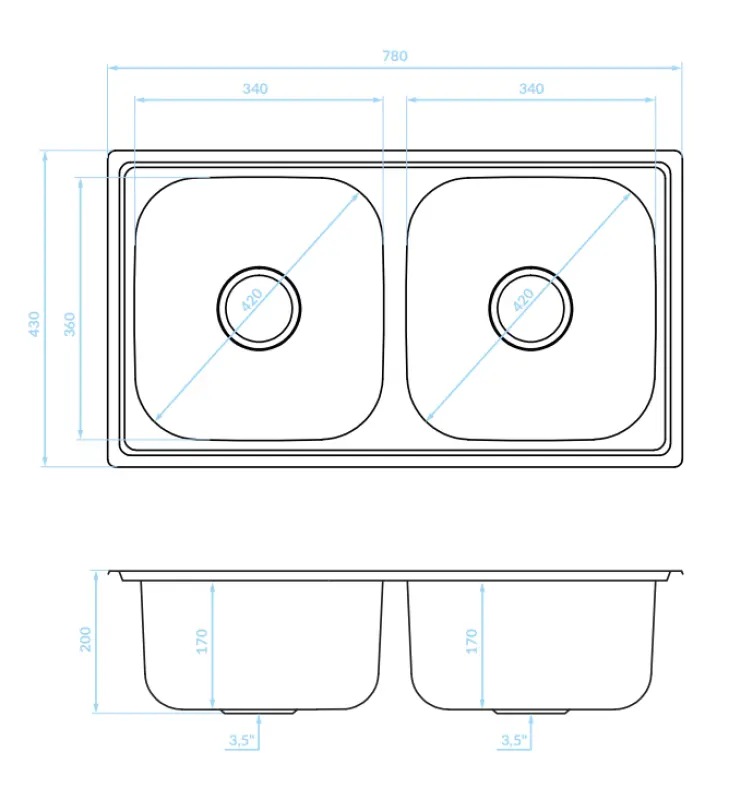 Ausmann Basic Doppel-Edelstahl-Spüle 78x43 cm inkl. Siphon, Oberflächen-Einbau 1208956995