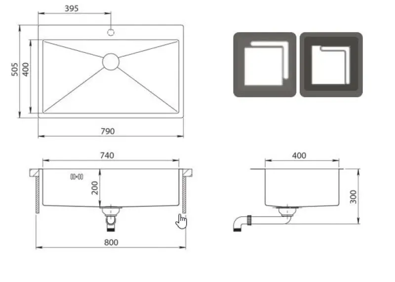 Ausmann Oder Blue große Edelstahlspüle 79x50cm, flächenbündig und Oberflächen-Einbau, mit Hahnlochbank 1208957119