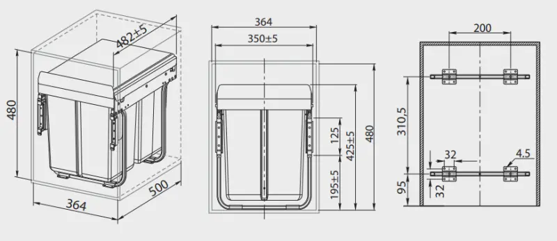 Garbi Sorter S-40-3 Einbau-Abfallsystem mit 3 Abfallbehältern 1 x 20 und 2 x 10 Liter 1208957365