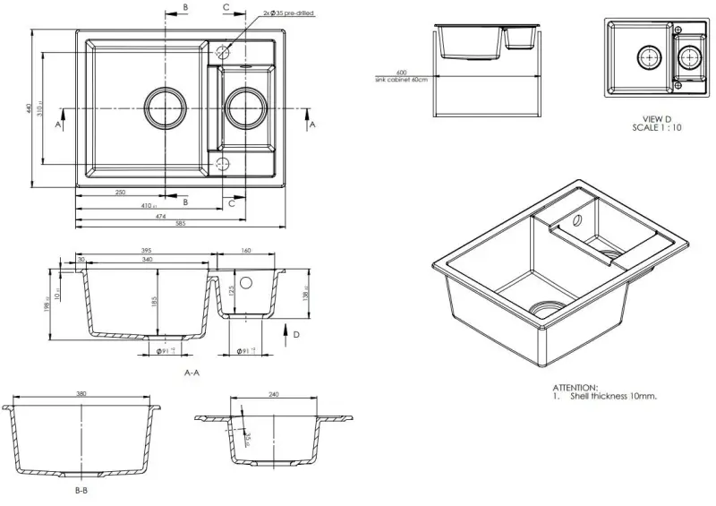 GraniteMy Smart extra flaches 1,5 Granit-Spülbecken, Schwarz, reversibel, aufliegend 58x44cm 1208957386