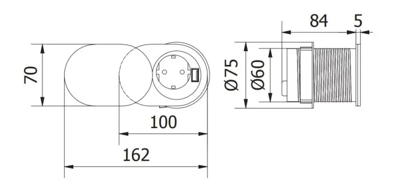 Indux Slide Küchen-Einbausteckdose Stift-Erdung Typ E in Arbeitsplatte mit USB und Steckdose Farbe Edelstahl 1208957392
