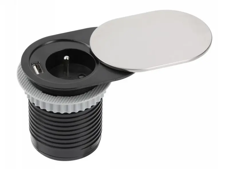 Indux Slide Küchen-Einbausteckdose Stift-Erdung Typ E in Arbeitsplatte mit USB und Steckdose Farbe Edelstahl 1208957392