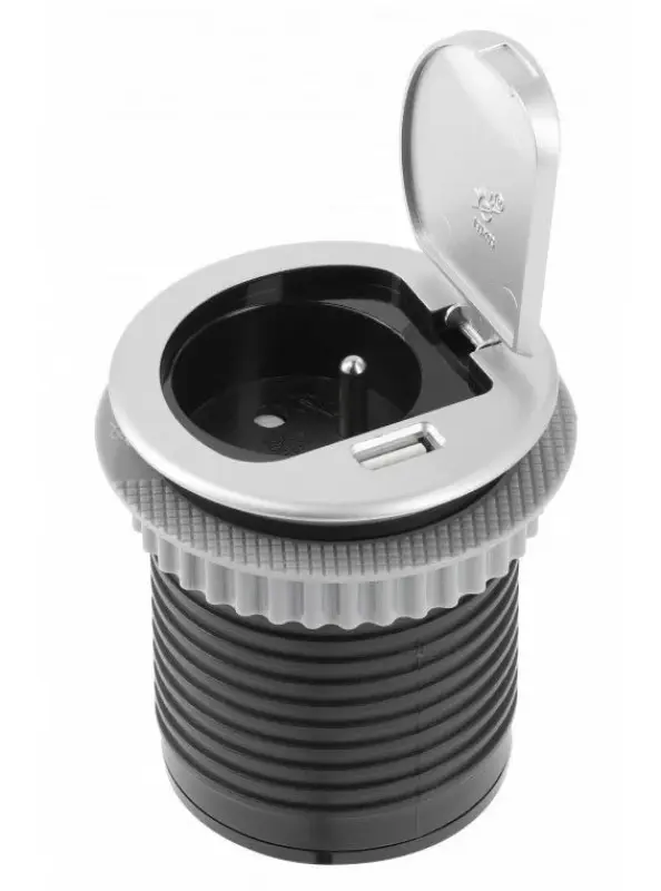 Indux Cover Einbau-Küchensteckdose in Arbeitsplatte Stift-Erdung Typ E mit USB und Steckdose Farbe silber 1208957394