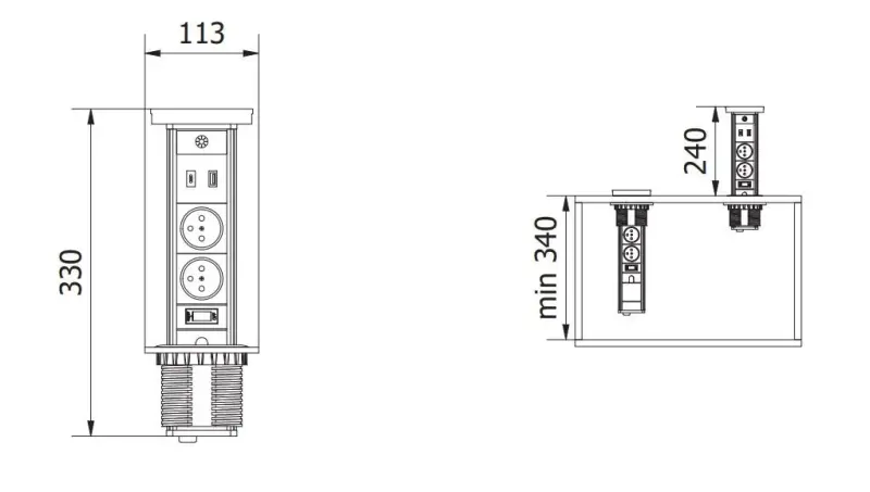 Indux Lift versenkbare Küchensteckdose in Arbeitsplatte mit Beleuchtung, Schwarz mit Erdung Typ F, 2 x USB und kabellosem Laden 1208957401
