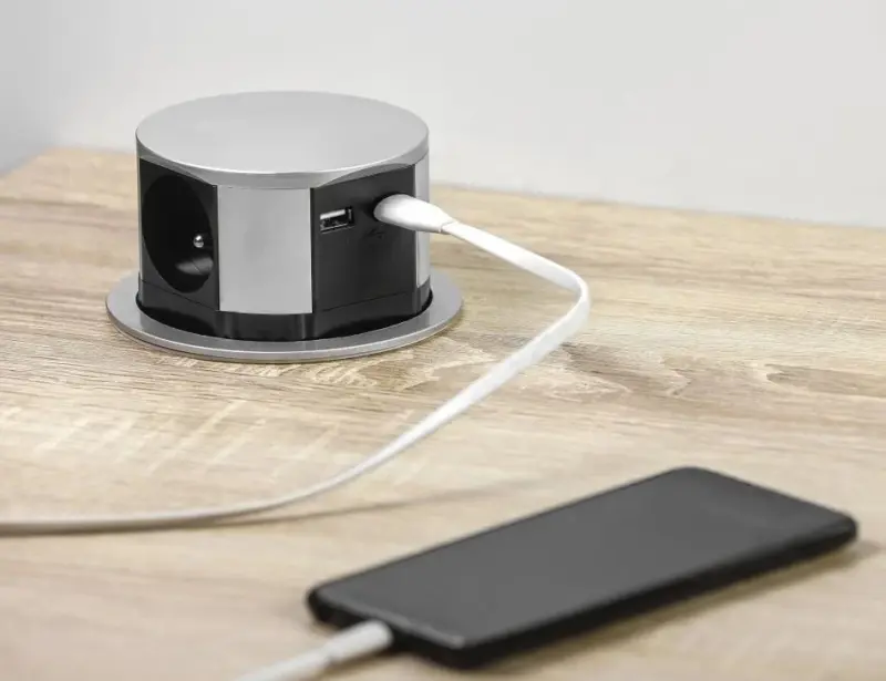 Indux Push Versenkbar Stift-Erdung Typ E, Silber Küchensteckdose mit 3 Steckdosen und 2 x USB 1208957412