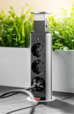 Indux Up & Down enge Energiesäule Küche Erdung Typ F, versenkbare schwarze Küchensteckdose in der Arbeitsplatte mit 3 Steckdosen 1208957415