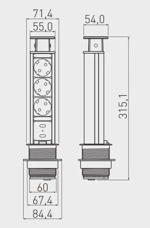 Indux Up & Down enge versenkte schwarze Küchensteckdose in Arbeitsplatte mit 3 Steckdosen Erdung Typ F und 2 x USB 1208957416