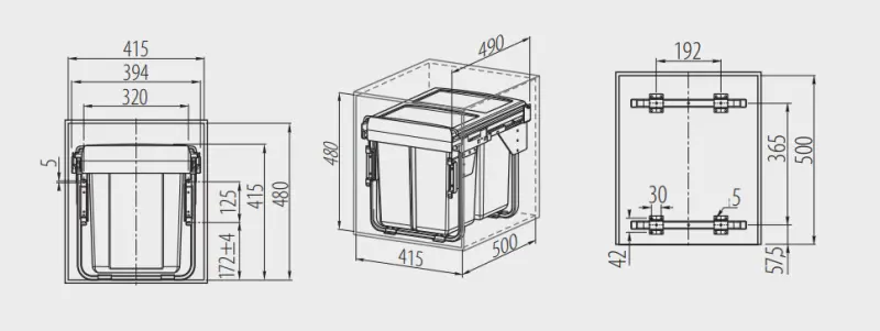 Garbi Carrier C-45-3-H Einbau-Abfallsystem mit eigenen Schienen und 3 Abfallbehältern 1 x 20 + 2 x 10 Liter 1208957465
