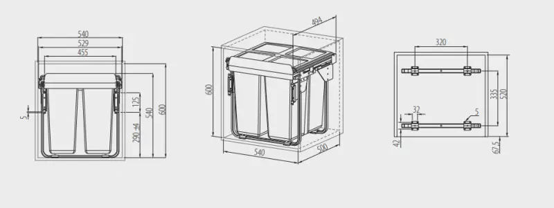 Garbi Carrier C-60-3-H Einbau-Abfallsystem mit eigenen Schienen und 3 Abfallbehältern 1 x 34 + 2 x 17 Liter 1208957470