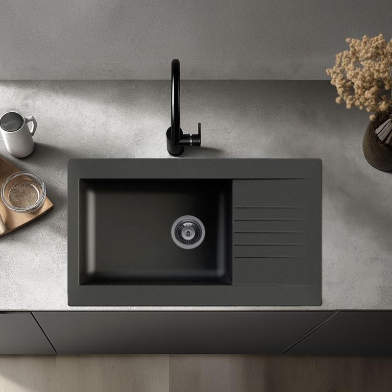 Ausmann Fibre Spülbecken mit Abtropffläche 86x50 cm, Schwarz, reversibel, aufliegend 1208957665