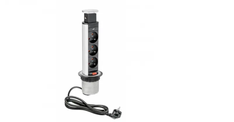 Indux Up & Down enge versenkbare silberne Küchensteckdose in Arbeitsplatte mit 3 Steckdosen, Stift-Erdung Typ E, 1208957841