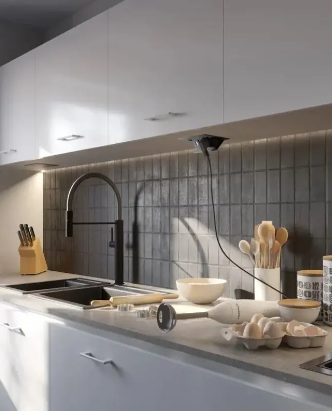 Indux Flip Medium Küchensteckdose Stift-Erdung Typ E, in Arbeitsplatte oder Oberschrank weiß mit 2 Steckdosen und 2 USB-Ladegeräten 1208957849