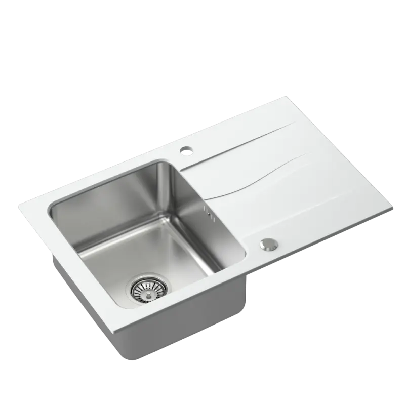 Quadri Fusion Edelstahl-Spüle mit Abtropffläche aus weißem Granit 78x48, reversibel, Oberflächen-Einbau 1208957868