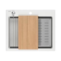 Quadri Durham weißer Granitaufbau-Spülbecken 595x500 mit Seifenspender, Schneidebrett, Rollmatte, Einsatzbecken und Rollmatte 1208957903