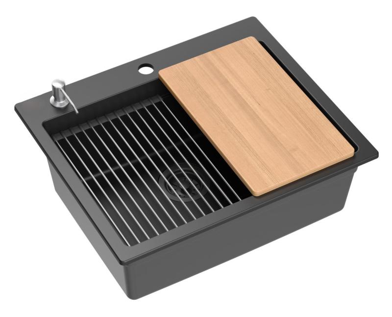 Quadri Durham schwarzer Granit-Aufsatzspüle 595x500 mit Seifenspender, Schneidebrett, Einlegebecken und Rollmatte 1208957904