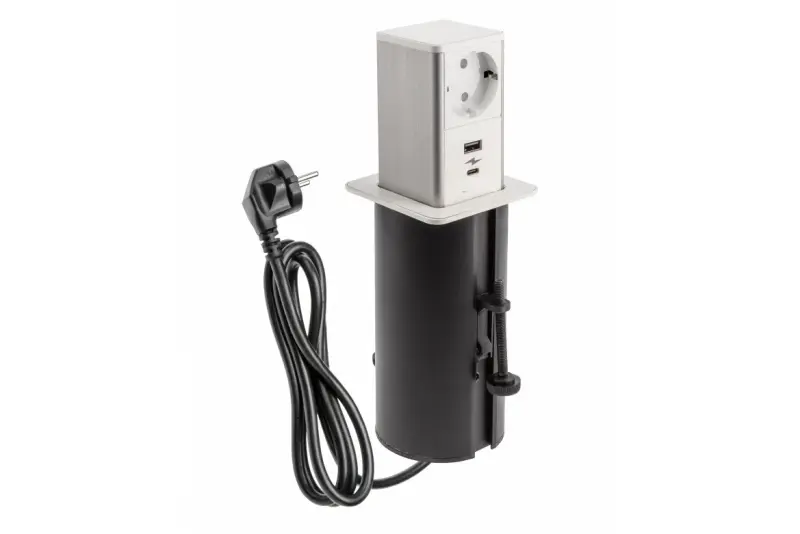 Indux Push ausziehbare weiße Steckdose Erdung Typ F, mit 1xUSB A und 1xUSB C mit Edelstahlabdeckung 1208957931