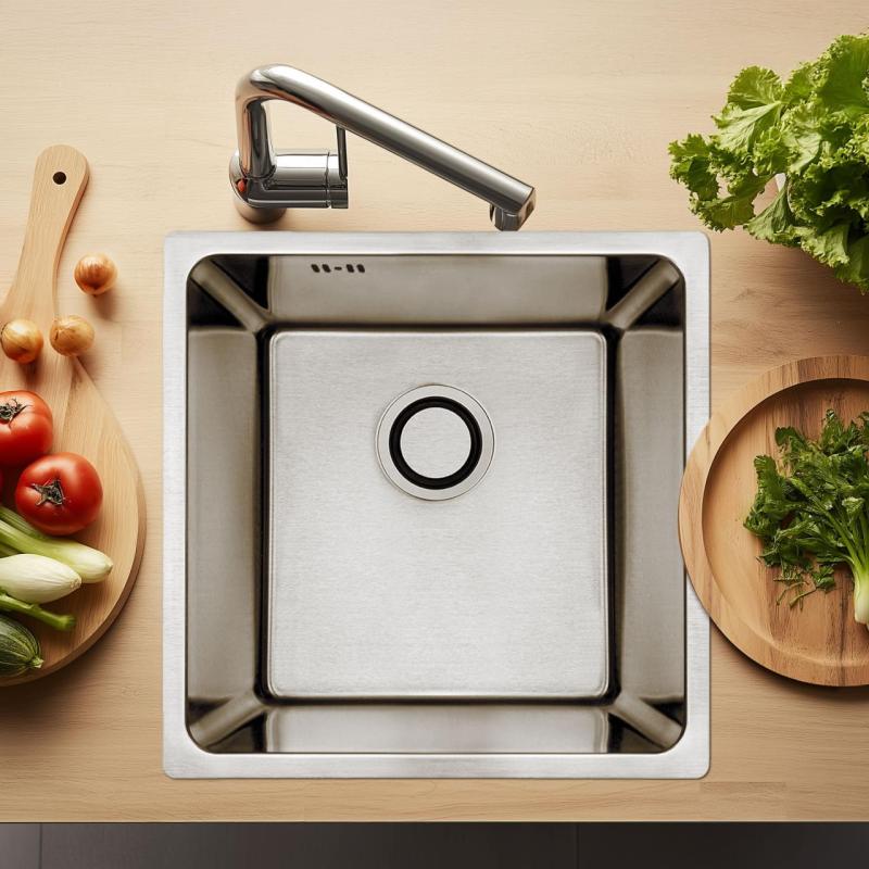 Aquadesign R25 Stahlaufsatz, Unterbau und flächenbündiger Einbau Spülbecken Edelstahl 40x40cm 1208958206