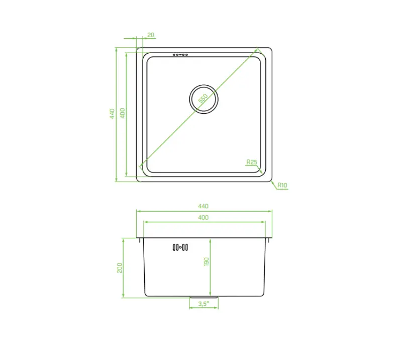 Aquadesign R25 Stahlaufsatz, Unterbau und flächenbündiger Einbau Spülbecken Edelstahl 40x40cm 1208958206