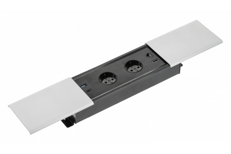 PRESTINO versenkbare Schreibtischverlängerungskabel, 2x Schuko-Buchse, USB A+C, RJ45, HDMI, Kabel 1,5m, Silber 1208958676