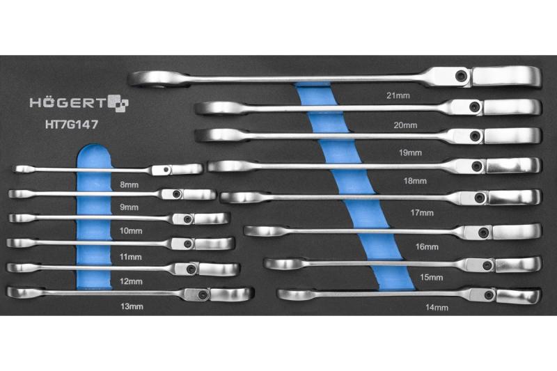 Hoegert Kombinationsratschenschlüssel mit flexiblem Kopf-Set, 14-teilig, technischer Schaum 1208962054