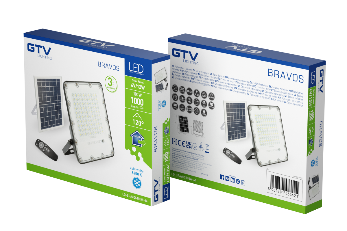Solar LED Flutlicht BRAVOS, 100W, 1000lm, 6400K, IP65, 120°, Solarpanel, Fernbedienung, 3y 1208962681