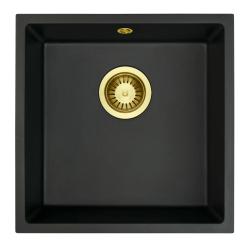 GraniteMy Universal-Granitspülbecken Schwarz 40x40cm, Aufliegend, Unterbau und flächenbündig, mit Goldstecker 1208967113