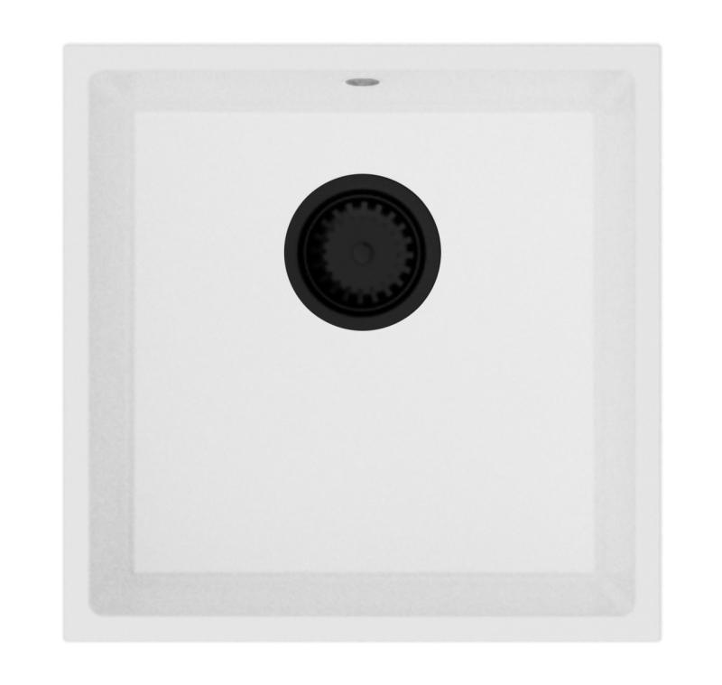 GraniteMy Universal-Granitspüle 40x40 cm, Weiß, Aufliegend, flächenbündig und Unterbau, mit schwarzem Stecker 1208967128