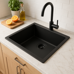 GraniteMy Universal-Granitspülbecken 50x40 cm, Schwarz, Aufliegend, flächenbündig und Unterbau, mit schwarzem Stecker 1208967129