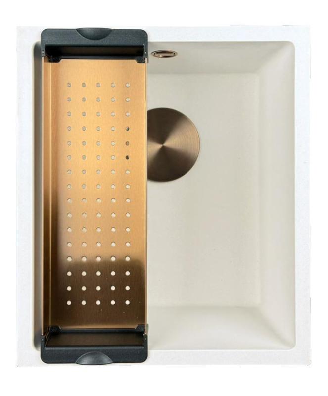 GraniteMy Universal Granit-Spülbecken 34x40 cm, Weiß, Aufliegend, flächenbündig und Unterbau, mit Kupferstecker 1208967148