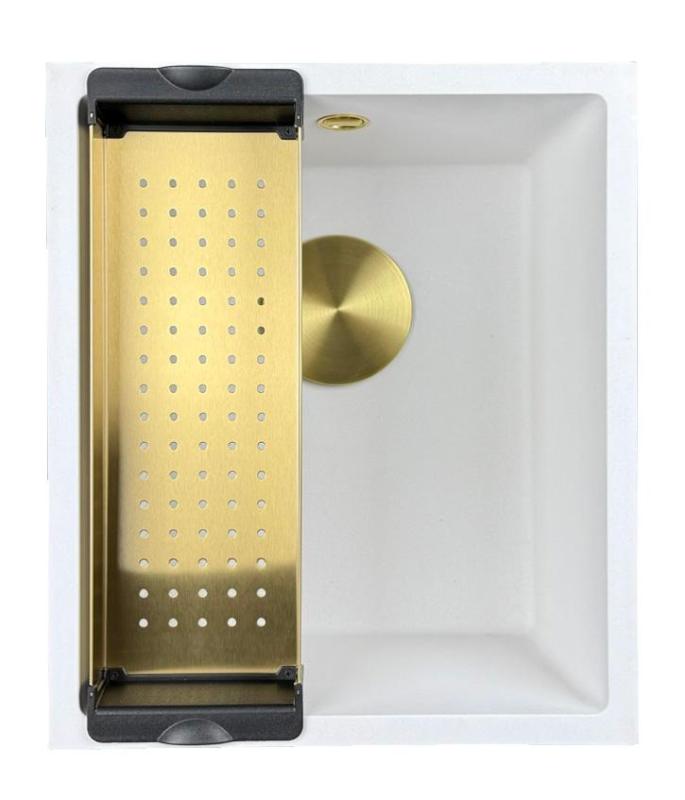 GraniteMy Universal Granit-Spülbecken 34x40 cm, Weiß, Aufliegend, flächenbündig und Unterbau, mit goldenem Stecker 1208967149