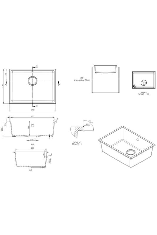 GraniteMy Universal Granit weiße Spüle 55x40 cm weiß Aufsatz, Unterbau und flächenbündig mit schwarzem Stöpsel 1208967154