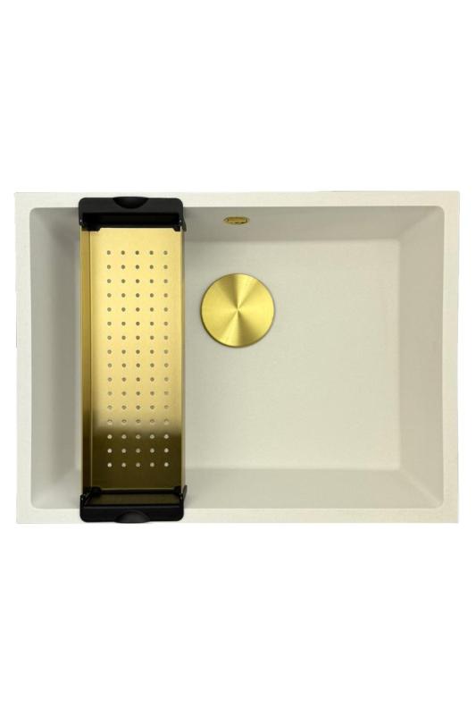 GraniteMy Universelles weißes Granitspülbecken 55x40 cm zur Aufsatz-, Unterbau- und Flächenmontage mit goldenen Stöpsel 1208967155