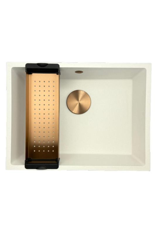 GraniteMy Universal Granit weiße Spüle 55x40 cm weiß Aufsatz Unterbau und Flachaufbau mit Kupferstopfen 1208967156