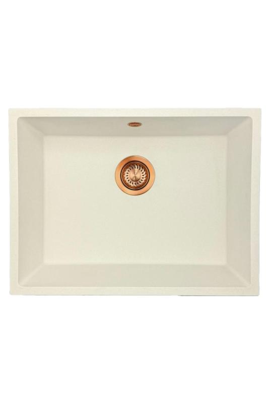 GraniteMy Universal Granit weiße Spüle 55x40 cm weiß Aufsatz Unterbau und Flachaufbau mit Kupferstopfen 1208967156