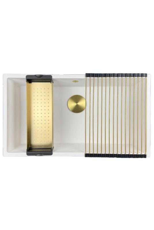 GraniteMy Universal Granit Spülbecken 74x40 cm, Weiß, Aufliegend, flächenbündig und Unterbau, mit goldenem Stecker 1208967163