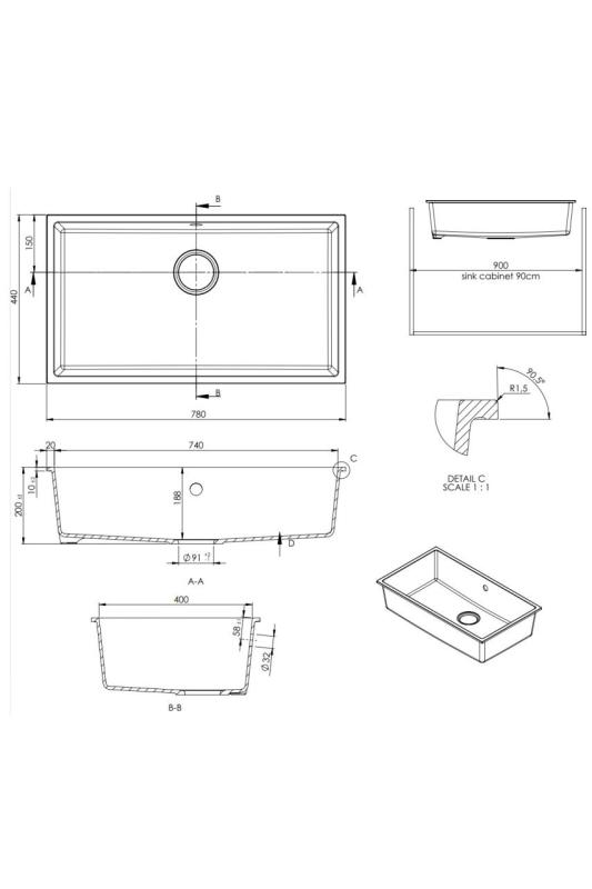 GraniteMy Universal Granit Spülbecken 74x40 cm, Weiß, Aufliegend, flächenbündig und Unterbau, mit goldenem Stecker 1208967163