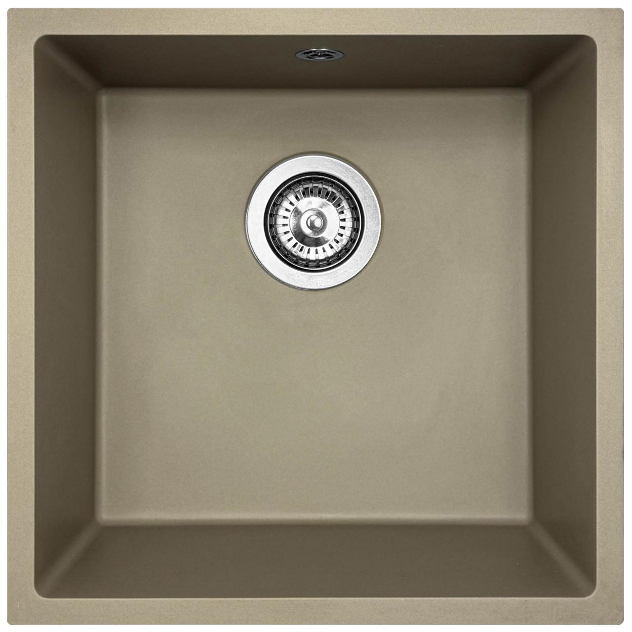 GraniteMy Universal Granit-Spülbecken 40x40 cm, Taupe, Aufliegend, flächenbündig und Unterbau, mit Edelstahlstopfen 1208967211