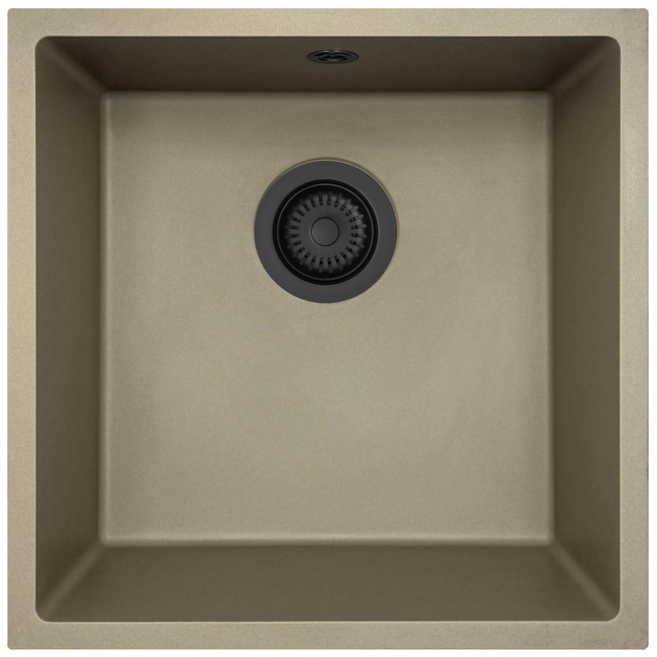 GraniteMy Universal Granit-Spülbecken 40x40 cm, Taupe,  Aufliegend, flächenbündig und Unterbau, mit schwarzem Stecker 1208967213