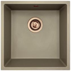 GraniteMy Universal Granit-Spülbecken 40x40 cm, Taupe,  Aufliegenbd, flächenbündig und Unterbau, mit Kupferstecker 1208967214