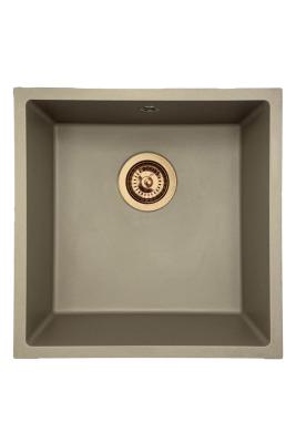 GraniteMy Universal Granit-Spülbecken 40x40 cm, Taupe,  Aufliegenbd, flächenbündig und Unterbau, mit Kupferstecker 1208967214