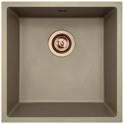 GraniteMy Universal Granit-Spülbecken 40x40 cm, Taupe,  Aufliegenbd, flächenbündig und Unterbau, mit Kupferstecker 1208967214