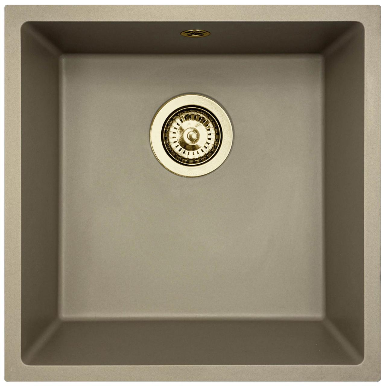 GraniteMy Universal Granit-Spülbecken 40x40 cm, Taupe, Aufliegend, flächenbündig und Unterbau, mit Goldstecker 1208967215