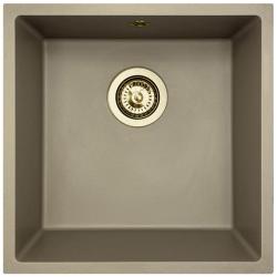 GraniteMy Universal Granit-Spülbecken 40x40 cm, Taupe, Aufliegend, flächenbündig und Unterbau, mit Goldstecker 1208967215