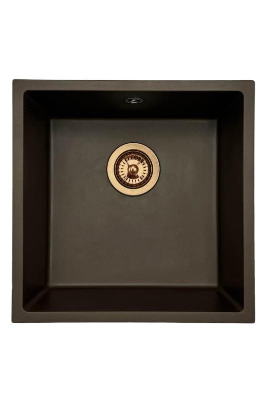 GraniteMy Universal Granit-Spülbecken 40x40 cm, Café, Aufpliegend, flächenbündig und Unterbau, mit Kupferstecker 1208967217