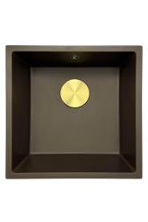GraniteMy Universal Granit-Spülbecken 40x40 cm, Café, Aufliegend, flächenbündig und Unterbau, mit Goldstecker 1208967218