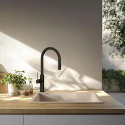 GraniteMy Universal Granit-Spülbecken 40x40 cm, Sandbeige, Aufliegend, flächenbündig und Unterbau, mit schwarzem Stecker 1208967232