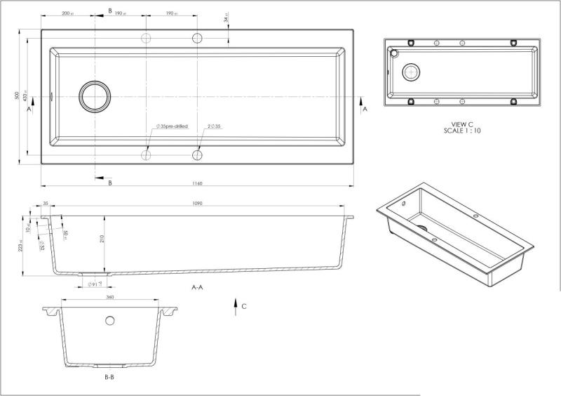 GraniteMy Trog Granit sehr großes schwarzes Spülbecken 116x50 cm schwarz Aufsatz mit Armaturenbank mit goldenem Stöpsel 1208967239