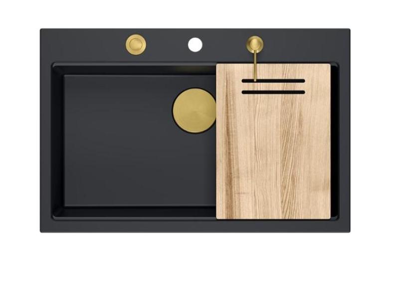 Quadri Hard Rock mattschwarzes Granit-Aufbau-Spülbecken groß 76x50cm inklusive goldener Stopfen und Zubehör 1208967277